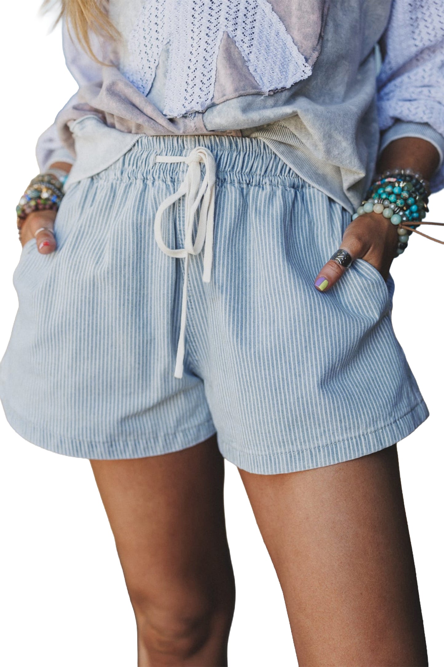 Sky Blue Stripe Drawstring Elastic Waist Casual Denim Shorts