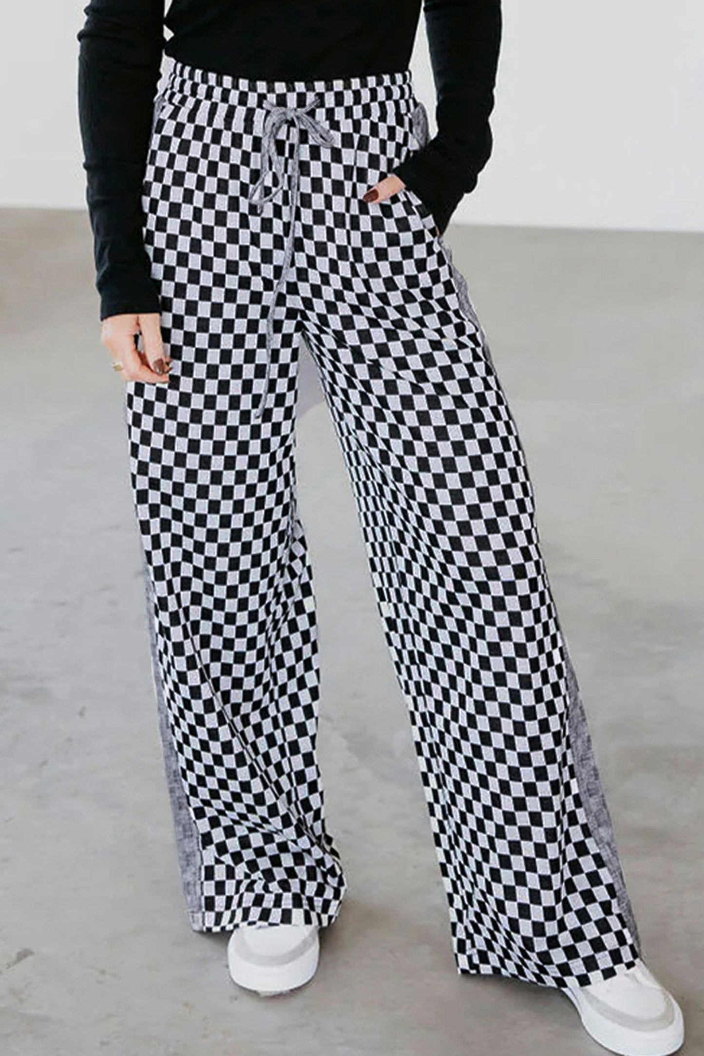 Checkerboard Drawstring Waist Casual Pants