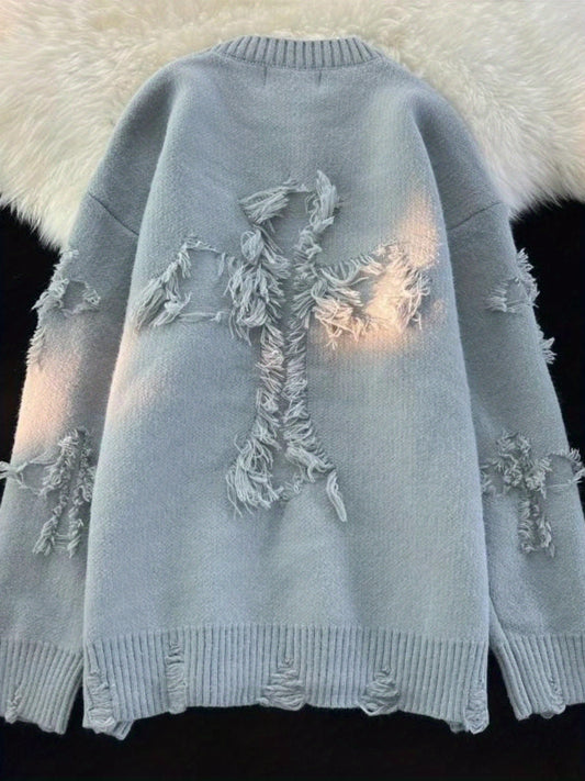 Women's Ripped Crew Neck Pullover Sweater, Distressed Long Sleeve Loose Sweater For Fall & Winter, Women's Clothing