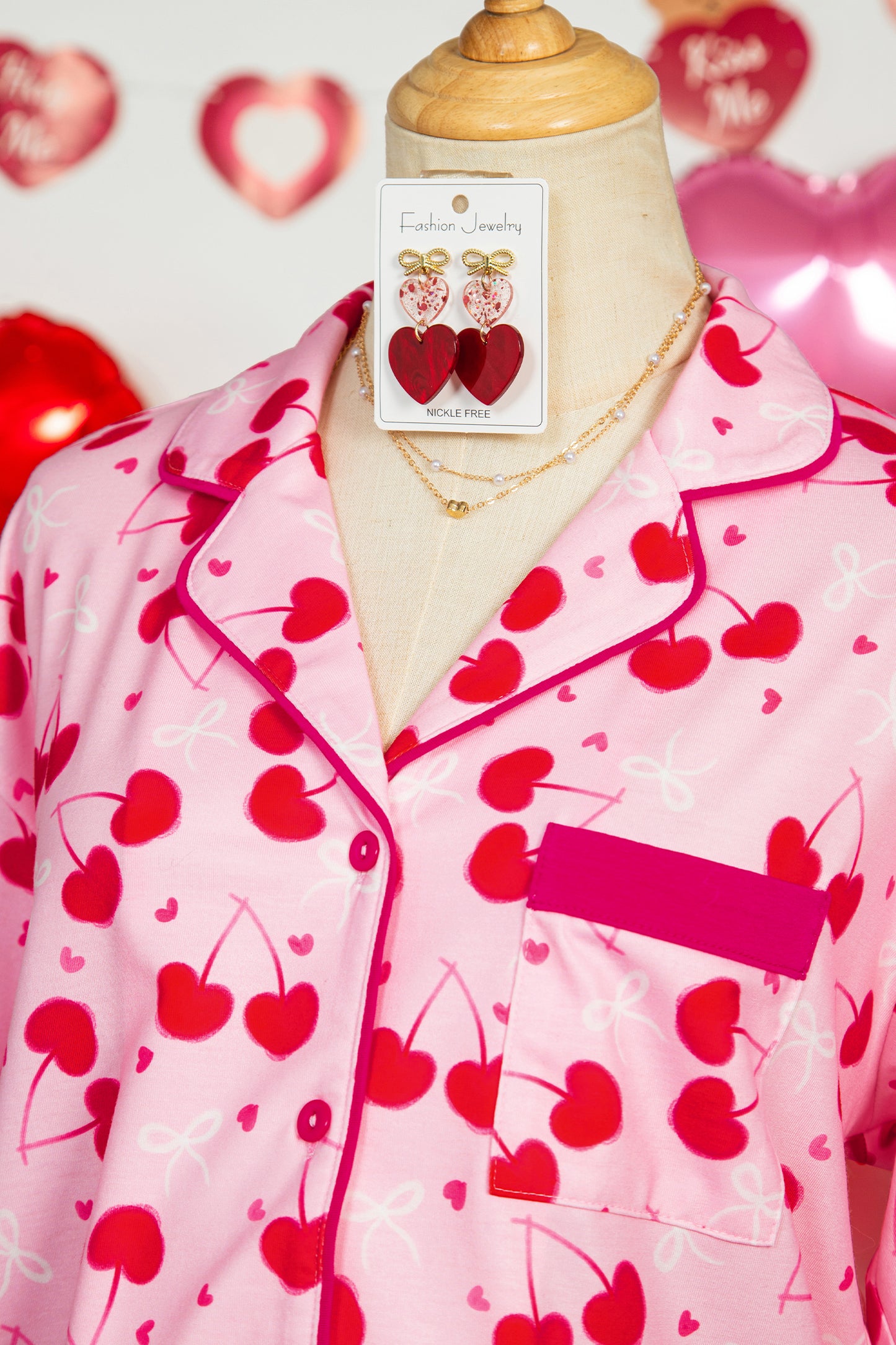 Cherry Bow Mixed Print Scalloped Edge Short Pajama Set