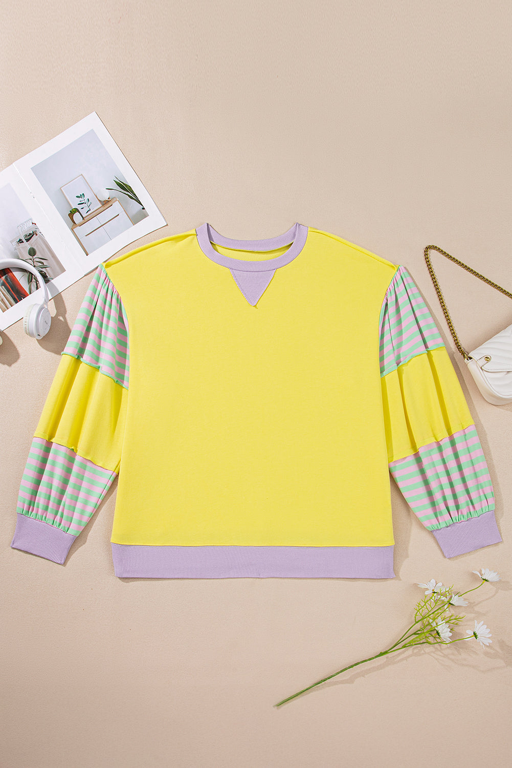 Striped Color Block Patchwork Crewneck Plus Size Pullover Sweatshirt