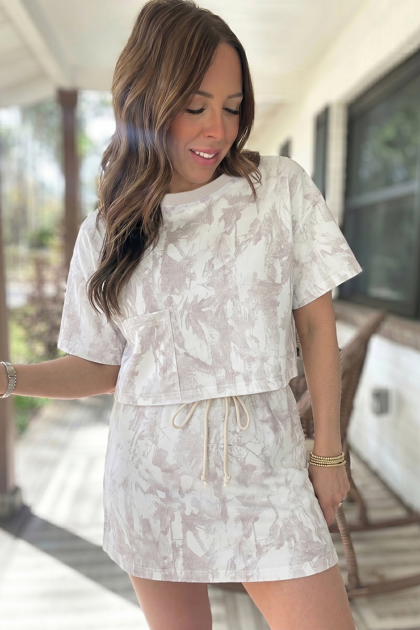 Camo Print Raw Edge Cropped Top & Skirt Set