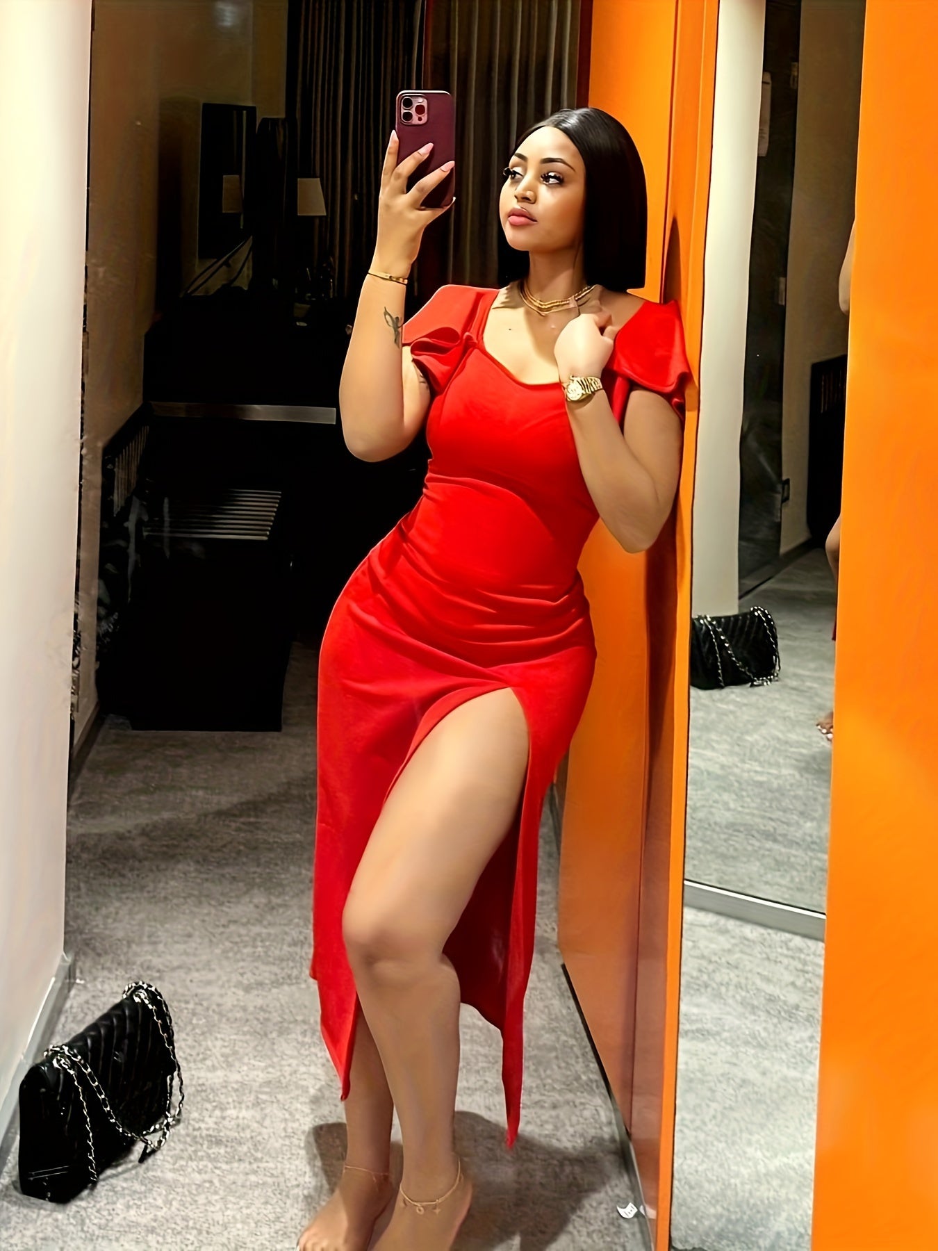 Women's Split Hem Bodycon Flutter Sleeve V Neck Slim Dress