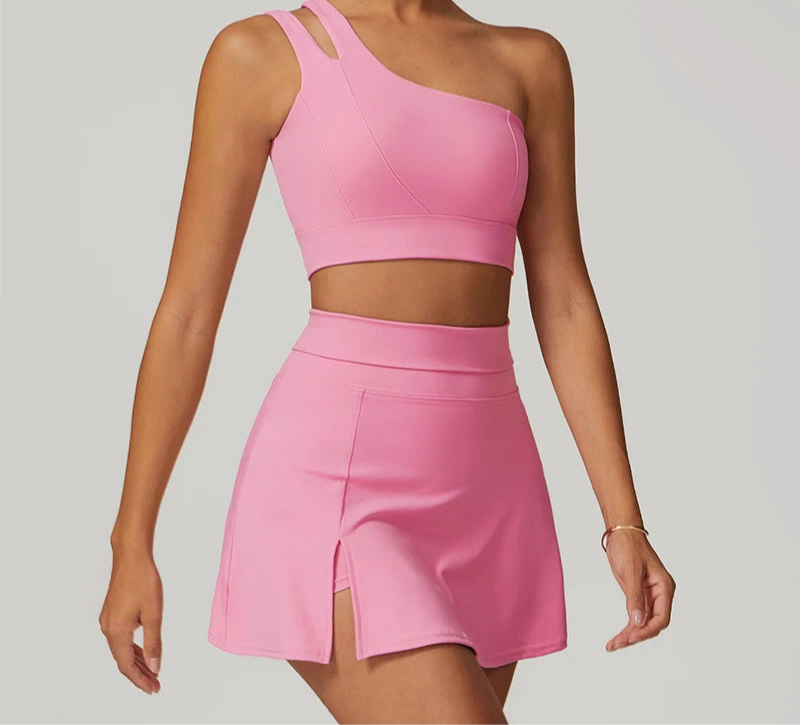 Women’s 2pc Sports Skirt Suit Outdoor Leisure Single Shoulder Bra Suit Quick Drying Tennis Set Yoga workout Skirt Set