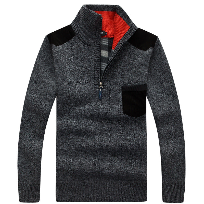 Men's Knitted Wool Fleece Thick Casual Pullover Patchwork Warm Pocket Standing Collar Sweater