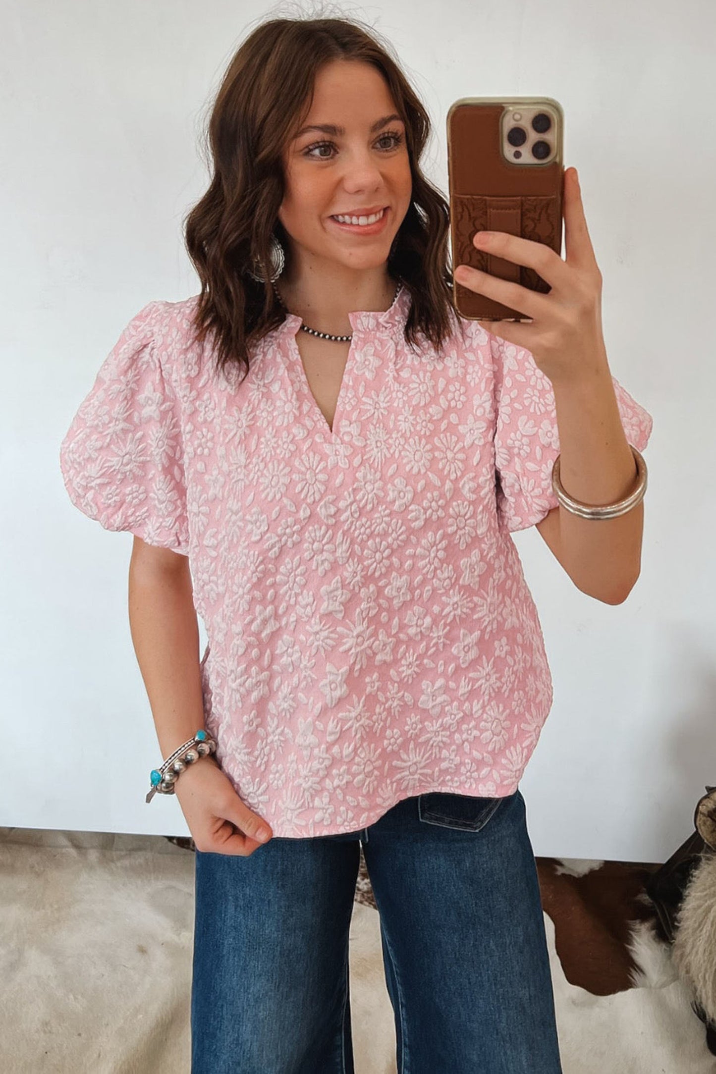 Beige Floral Textured Jacquard Puff Sleeve Blouse