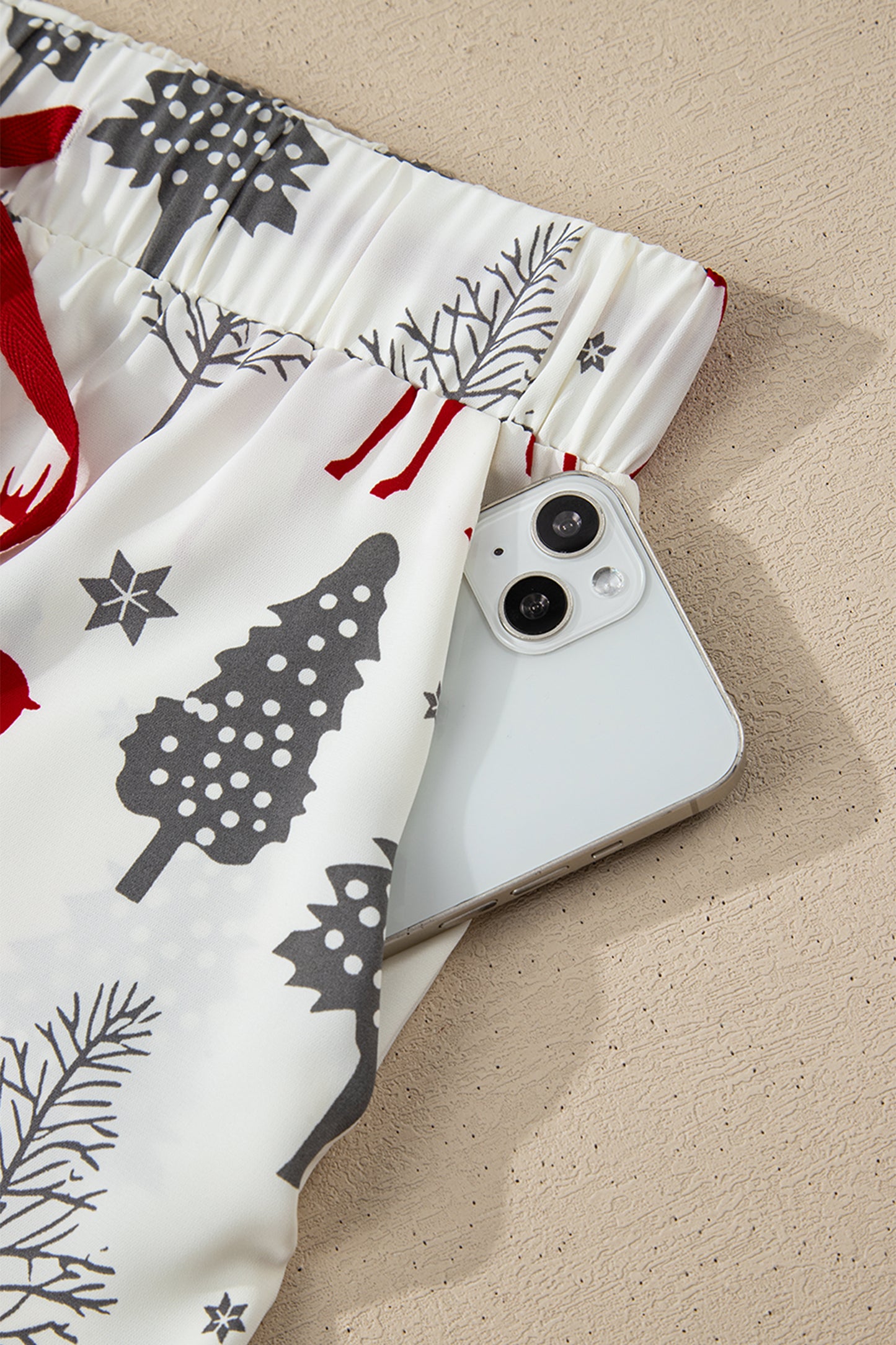 Christmas Print Velvet Trim Bow Knot Pajama Short Set