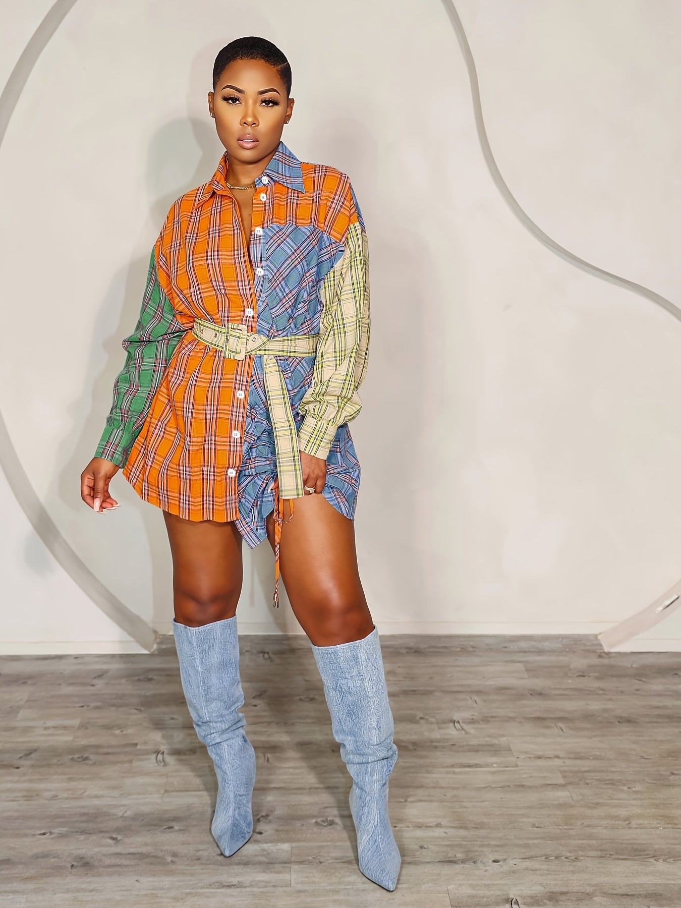 Women's Plaid Print Long Sleeve Button Front Belt Dress