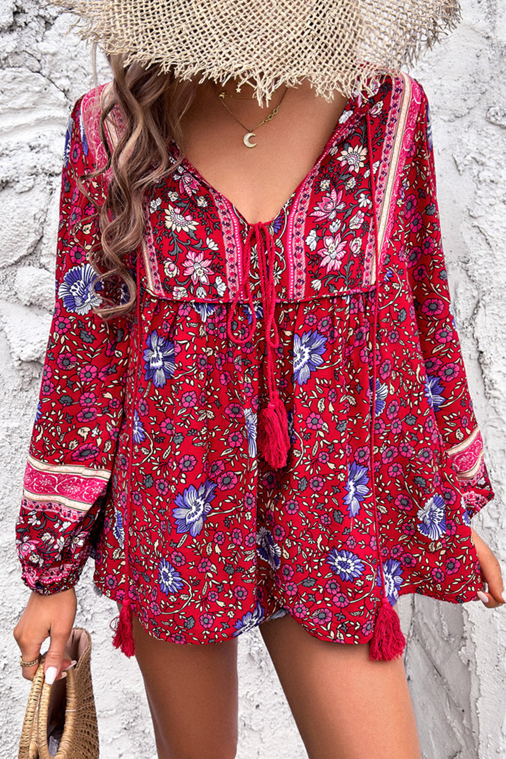 Floral Print Tassel Tie Front Long Sleeve Blouse