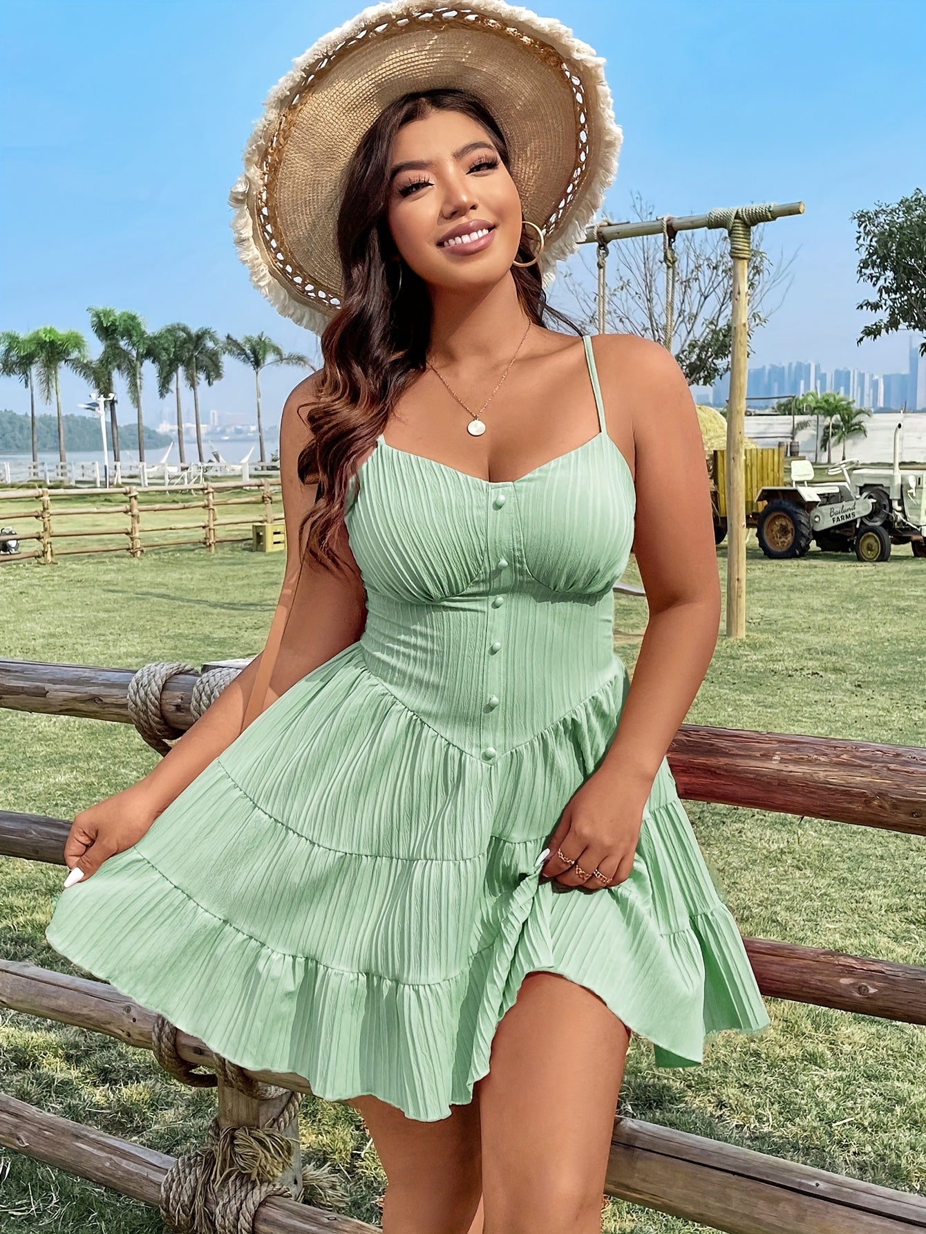 Women's Plus Size Textured Solid Tiered Cami Sleeveless Dress