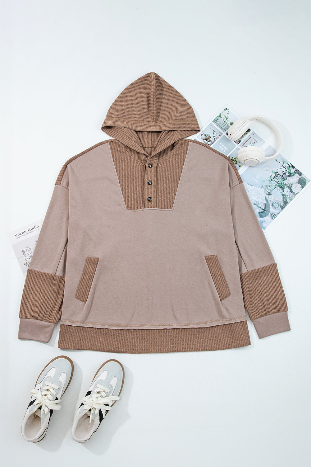 Waffle Contrast Patchwork Plus Size Pocketed Hoodie