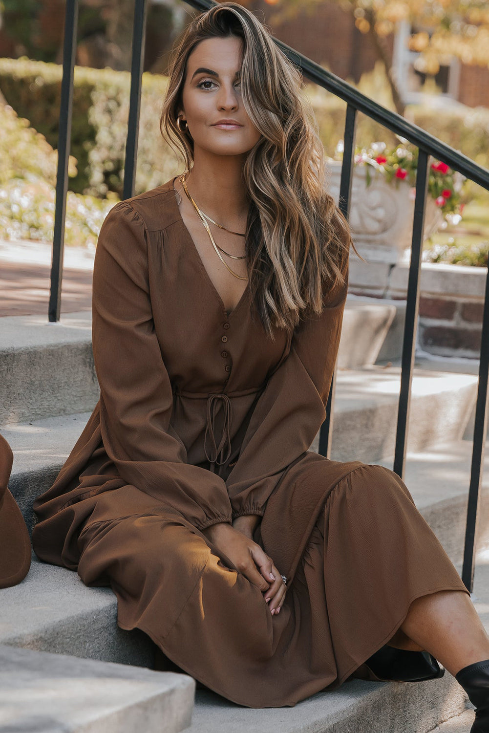 Solid Long Sleeve Button V Neck Tiered Maxi Dress