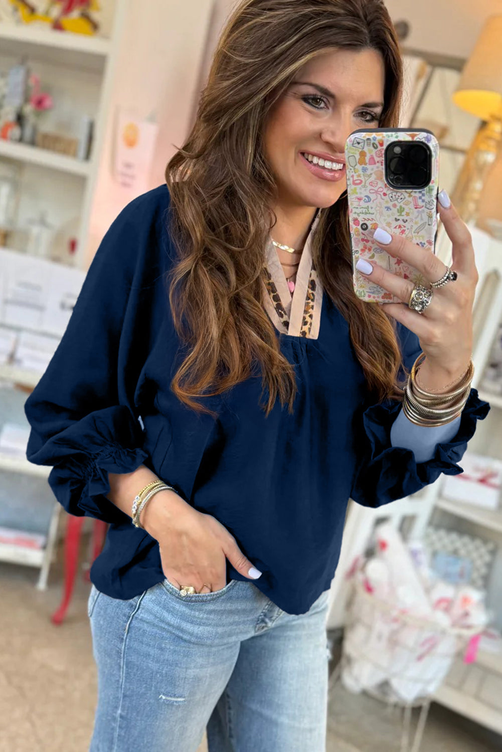 Leopard Trim V Neck Flounced Bracelet Sleeve Blouse - Dirty Blue