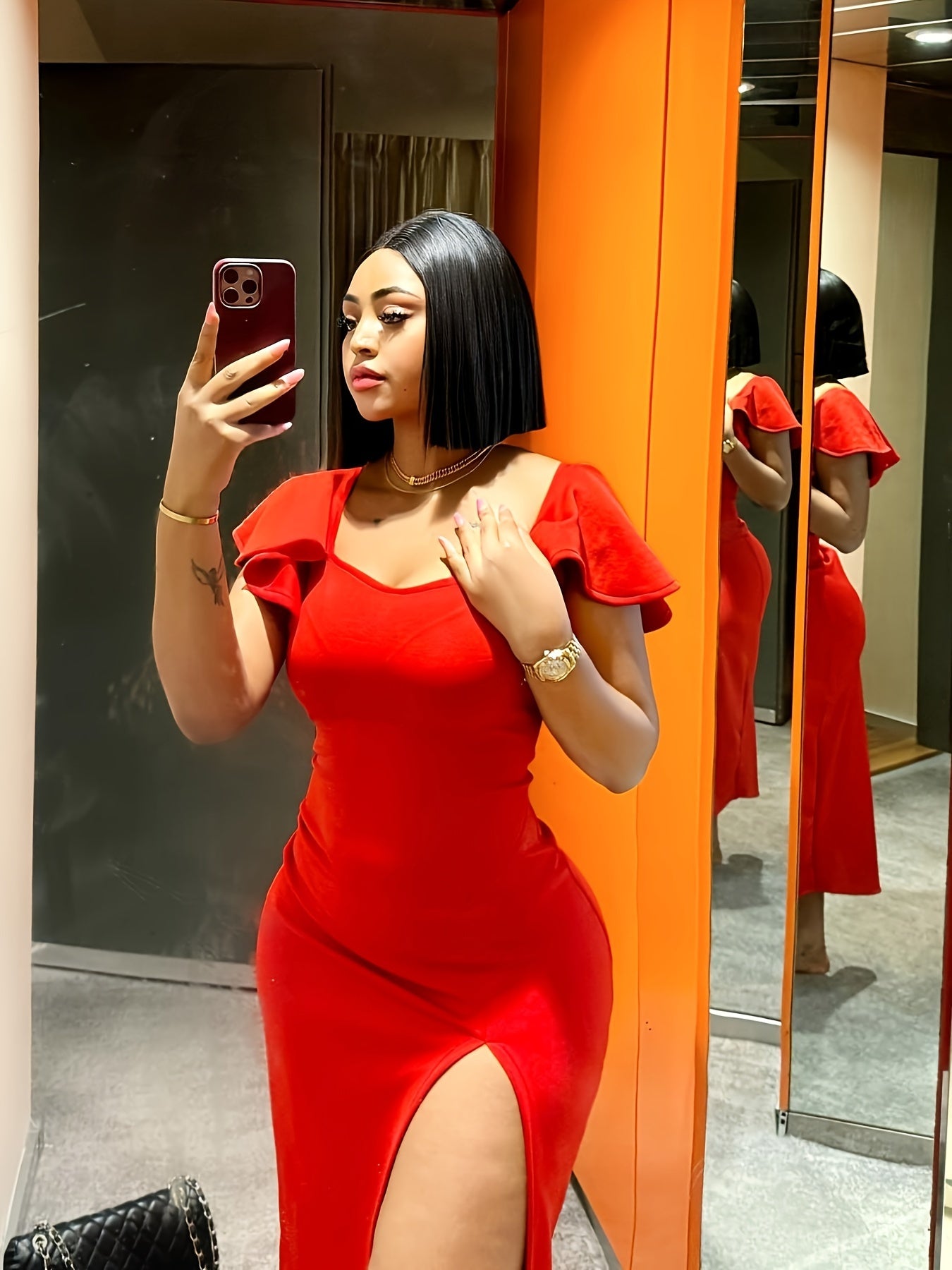 Women's Split Hem Bodycon Flutter Sleeve V Neck Slim Dress