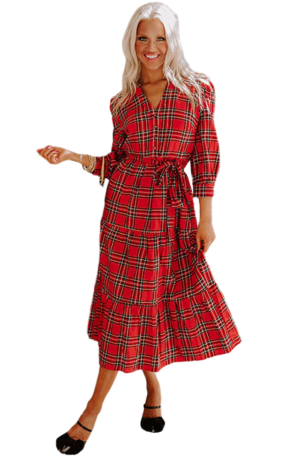 Christmas Plaid V Neck Tie Waist Ruffle Hem Long Dress