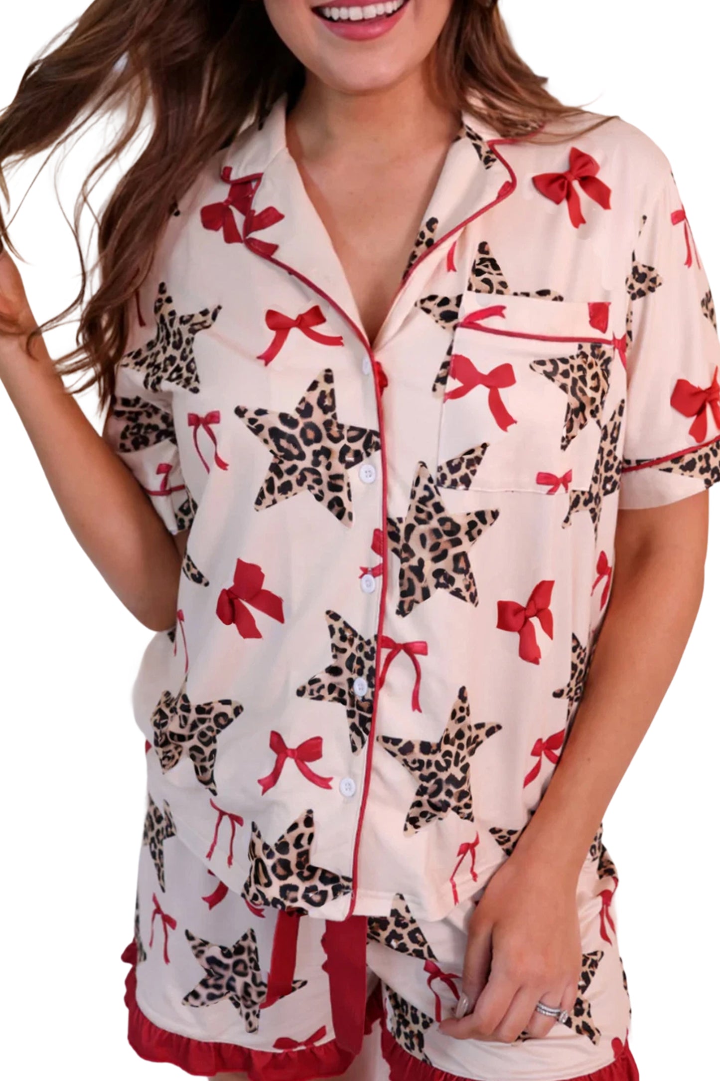Leopard Star Ribbon Bow Print Short Pajama Set