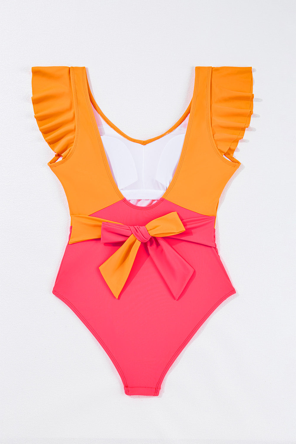 Color Block Ruffled Knotted Backless One Piece Swimsuit