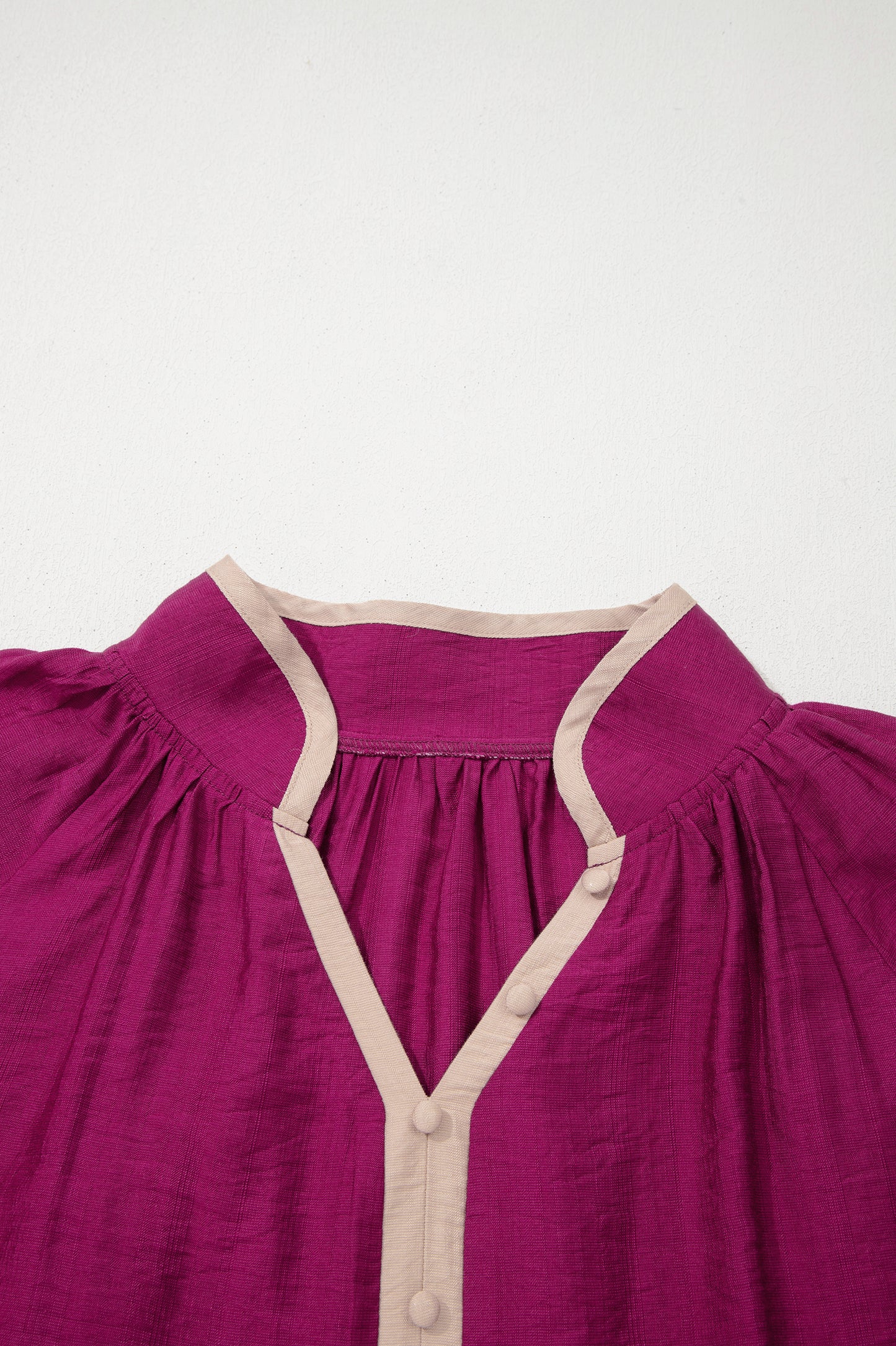 Contrast Trim Button V Neck Puffy Bracelet Sleeve Blouse - Plus Size