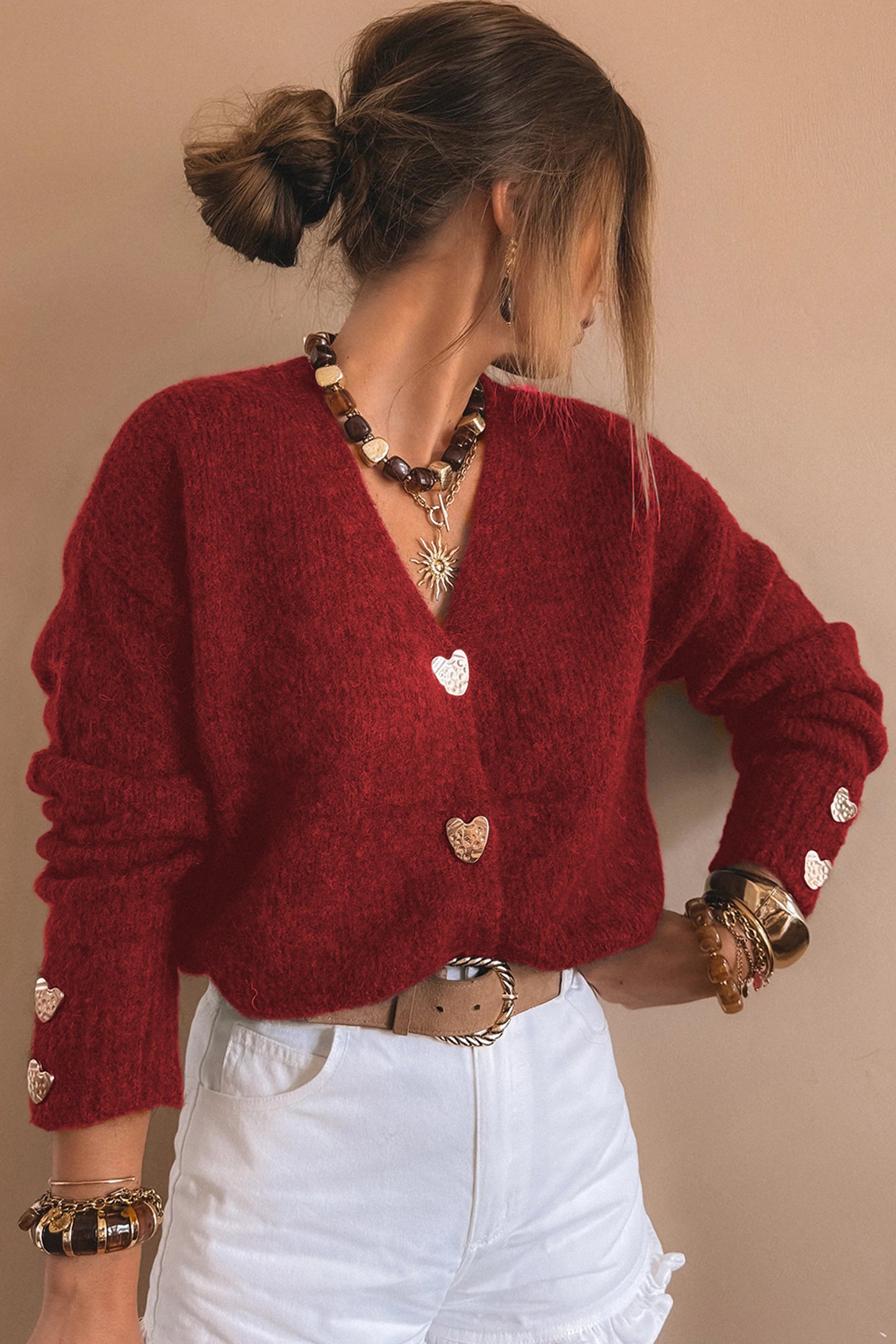 Heart Metal Button V-Neck Cardigan Sweater