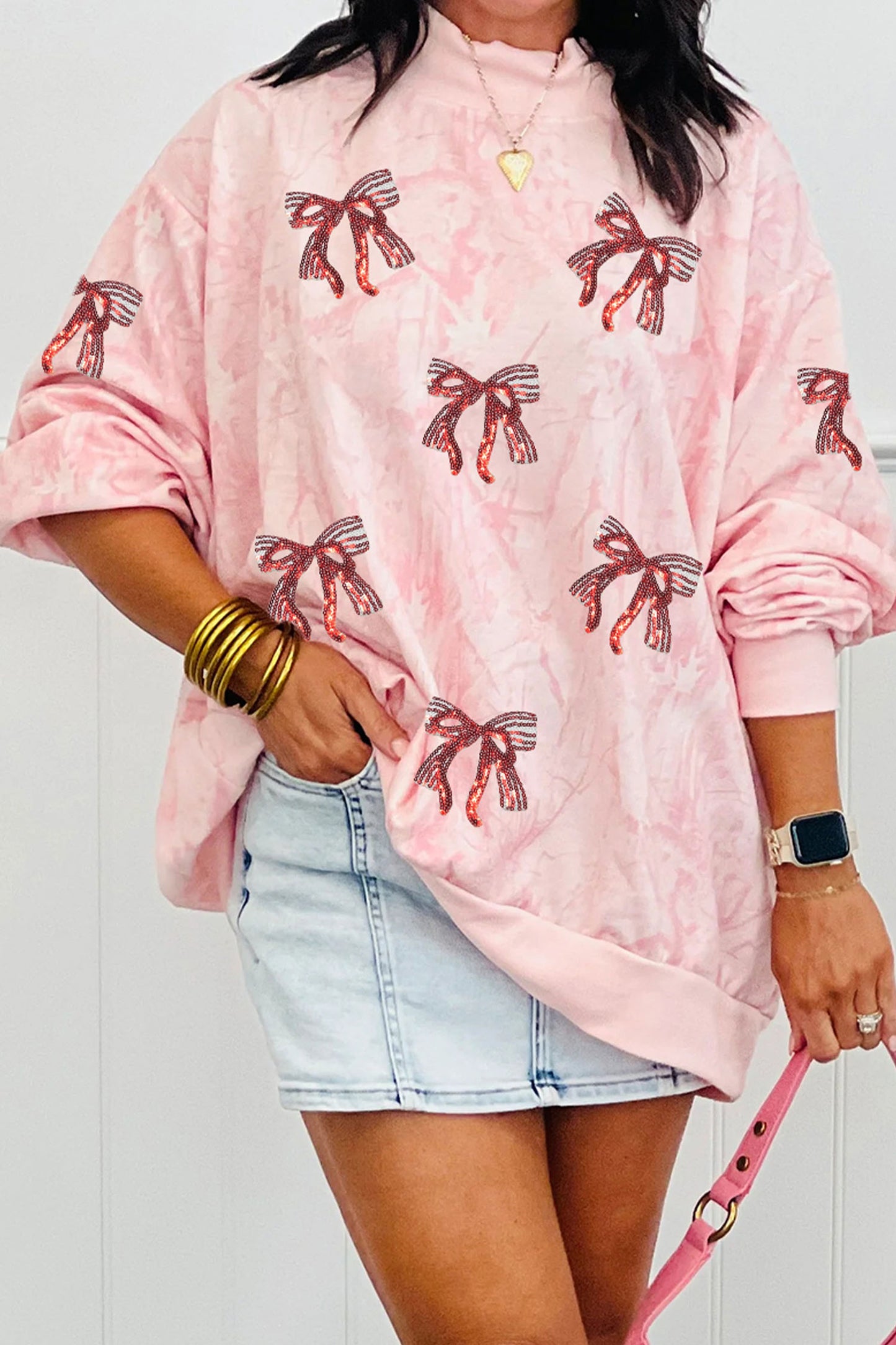 Pink Sequin Valentines Bow Patched Tie Dye Mock Neck Baggy Sweatshirt