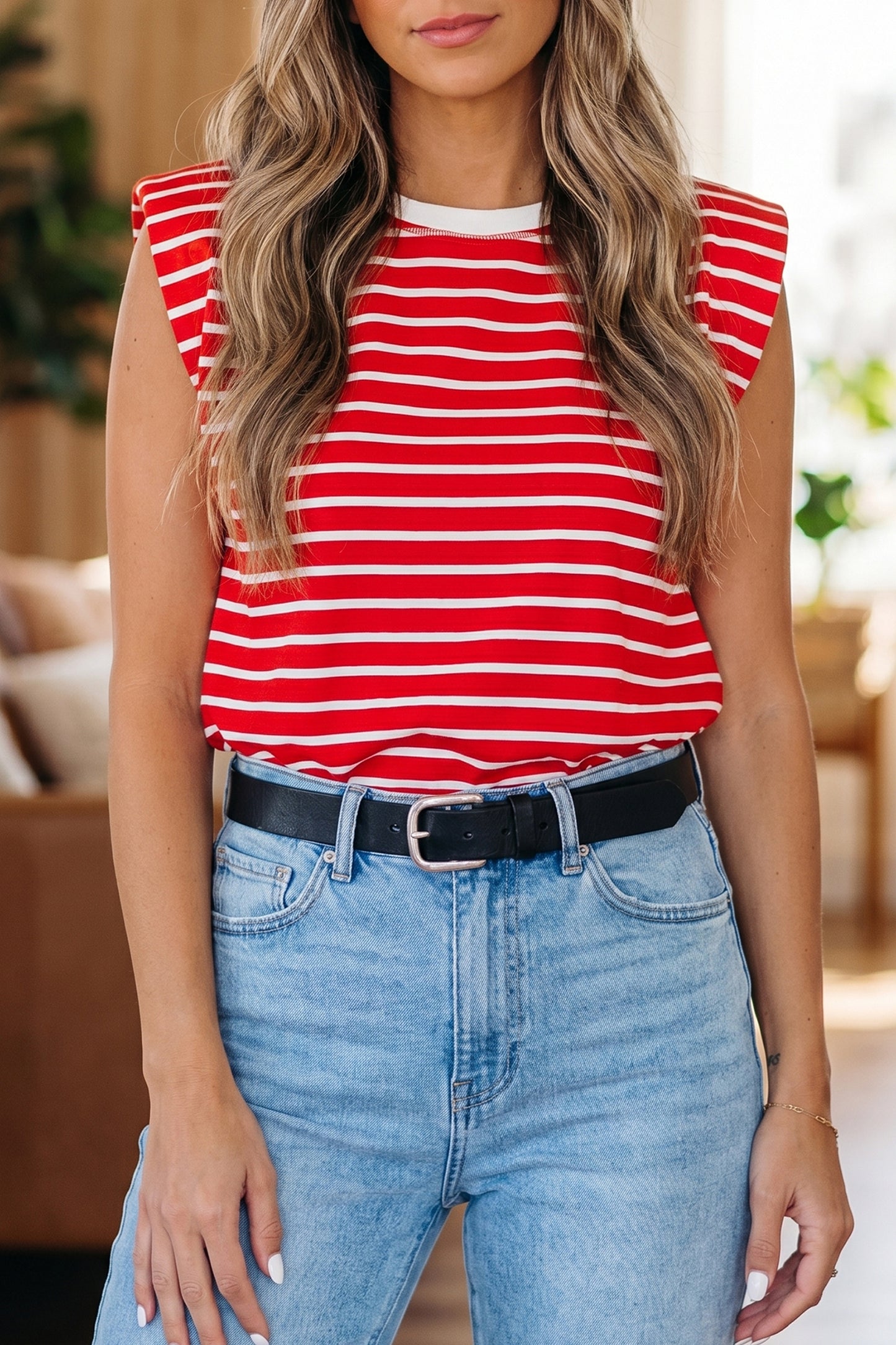 Stripe Ribbed Round Neck Trim Loose Tank Top - Red