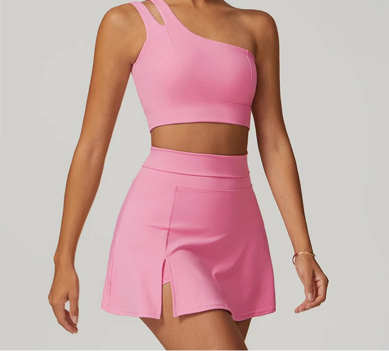 Women’s 2pc Sports Skirt Suit Outdoor Leisure Single Shoulder Bra Suit Quick Drying Tennis Set Yoga workout Skirt Set