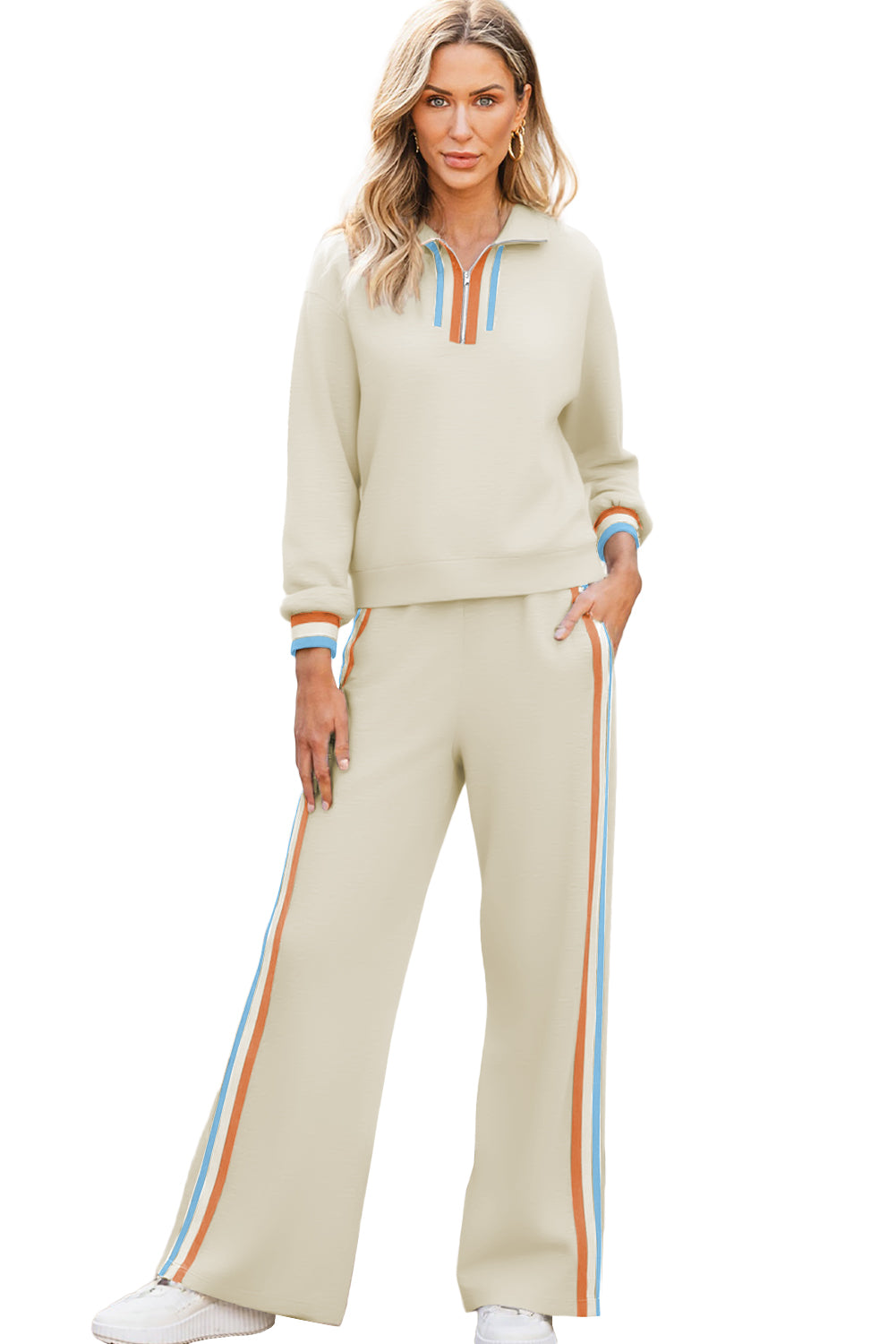 Striped Patchwork Quarter Zip Pullover Loose Pants Set