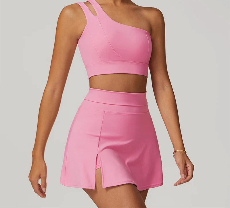 Women’s 2pc Sports Skirt Suit Outdoor Leisure Single Shoulder Bra Suit Quick Drying Tennis Set Yoga workout Skirt Set