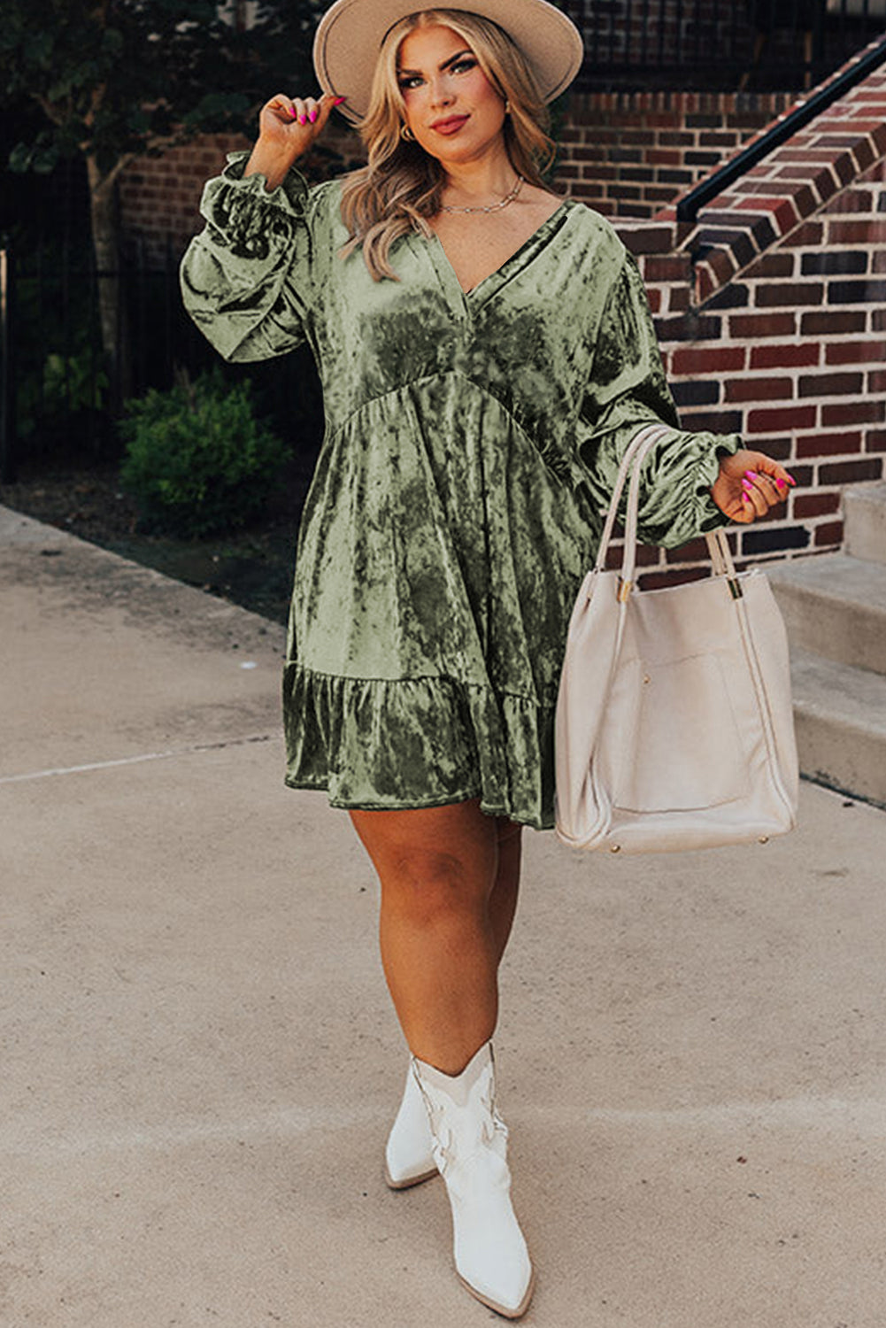 Coffee Velvet Babydoll Mini Dress with Puff Sleeve - Plus Size