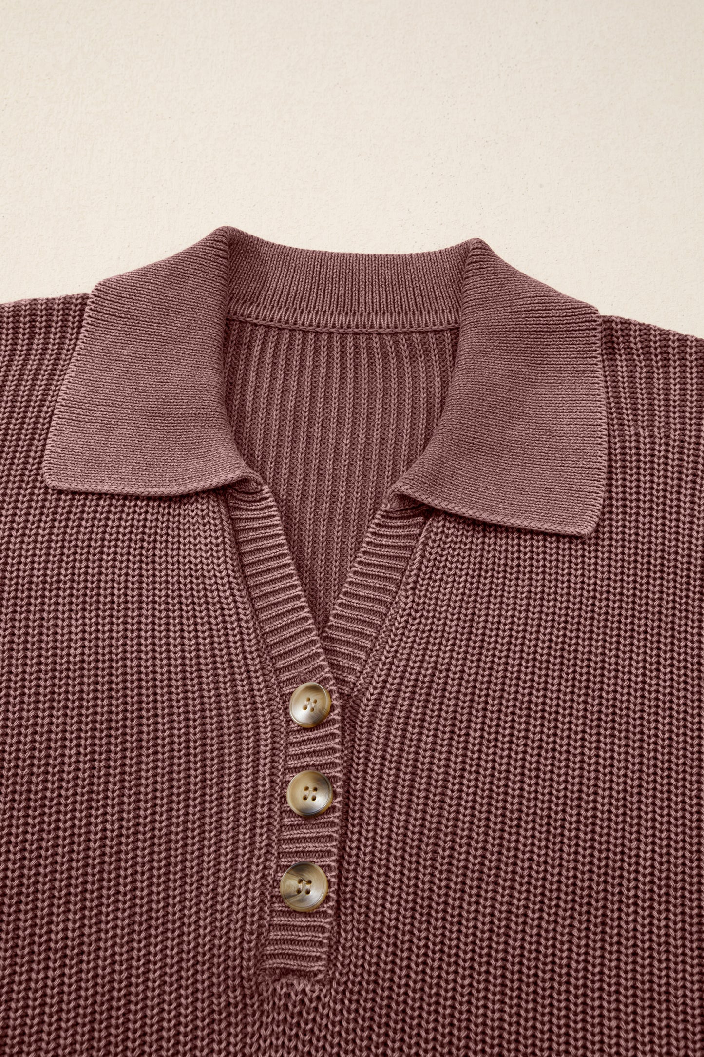Mineral Washed Knit Button Polo Collar Loose Sweater - Dark Brown