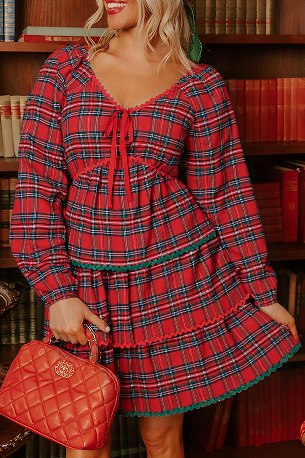 Plaid Print Ricrac Tiered Bubble Sleeve Mini Dress