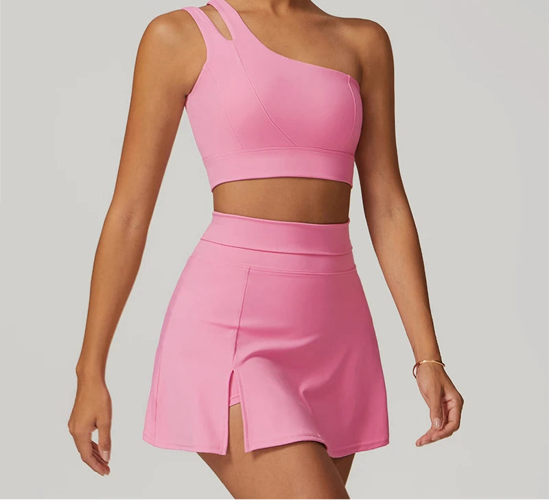 Women’s 2pc Sports Skirt Suit Outdoor Leisure Single Shoulder Bra Suit Quick Drying Tennis Set Yoga workout Skirt Set