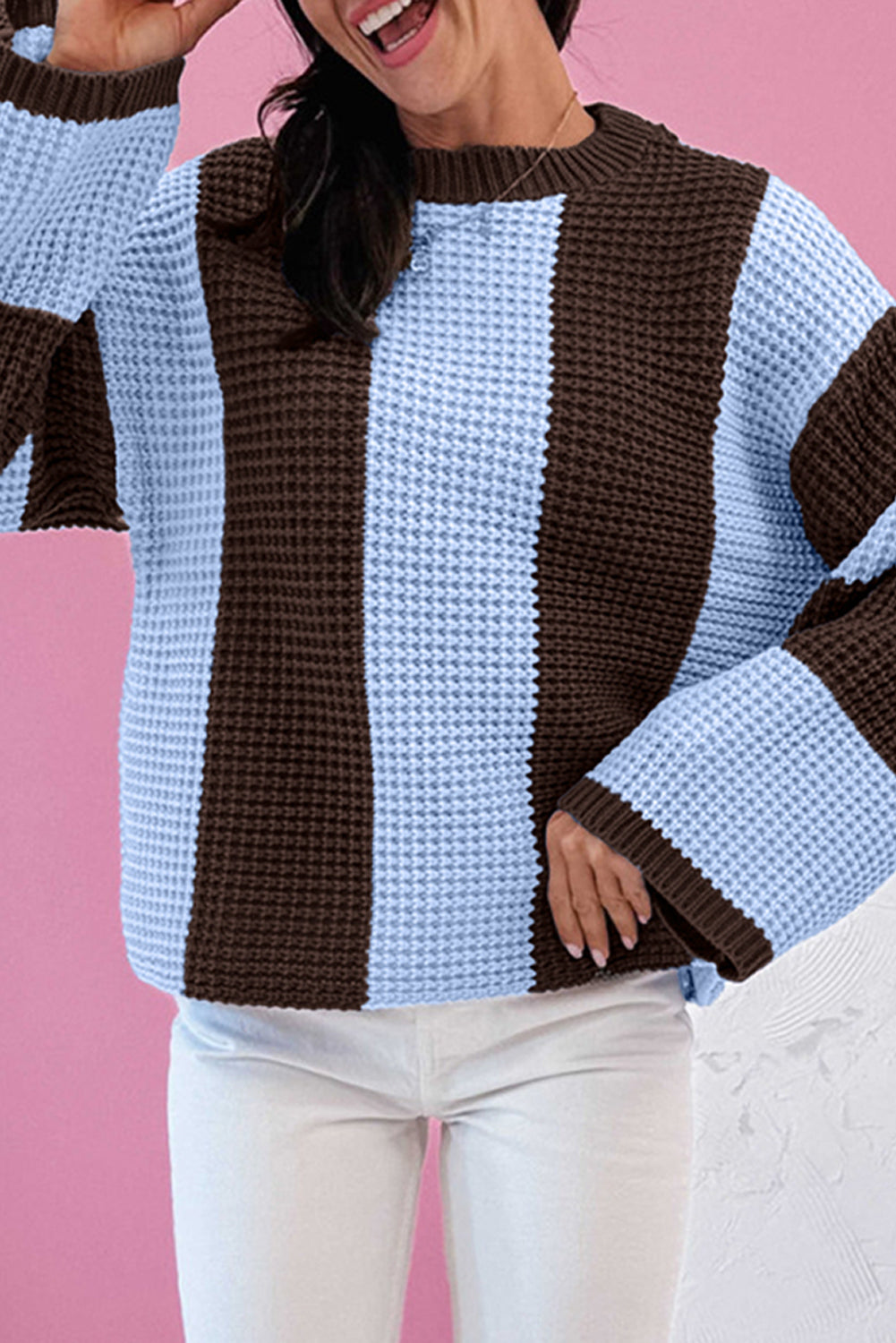 Striped Color Block Thermal Textured Knit Drop Shoulder Sweater - Myosotis