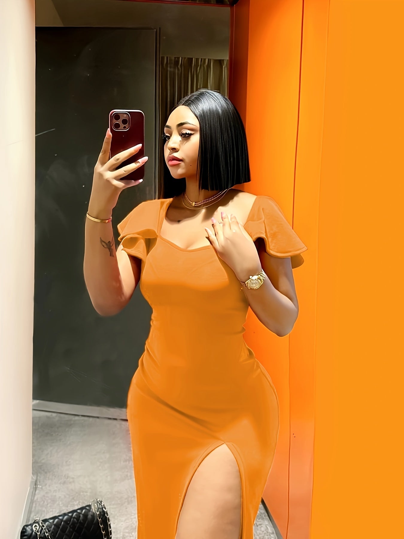 Women's Split Hem Bodycon Flutter Sleeve V Neck Slim Dress