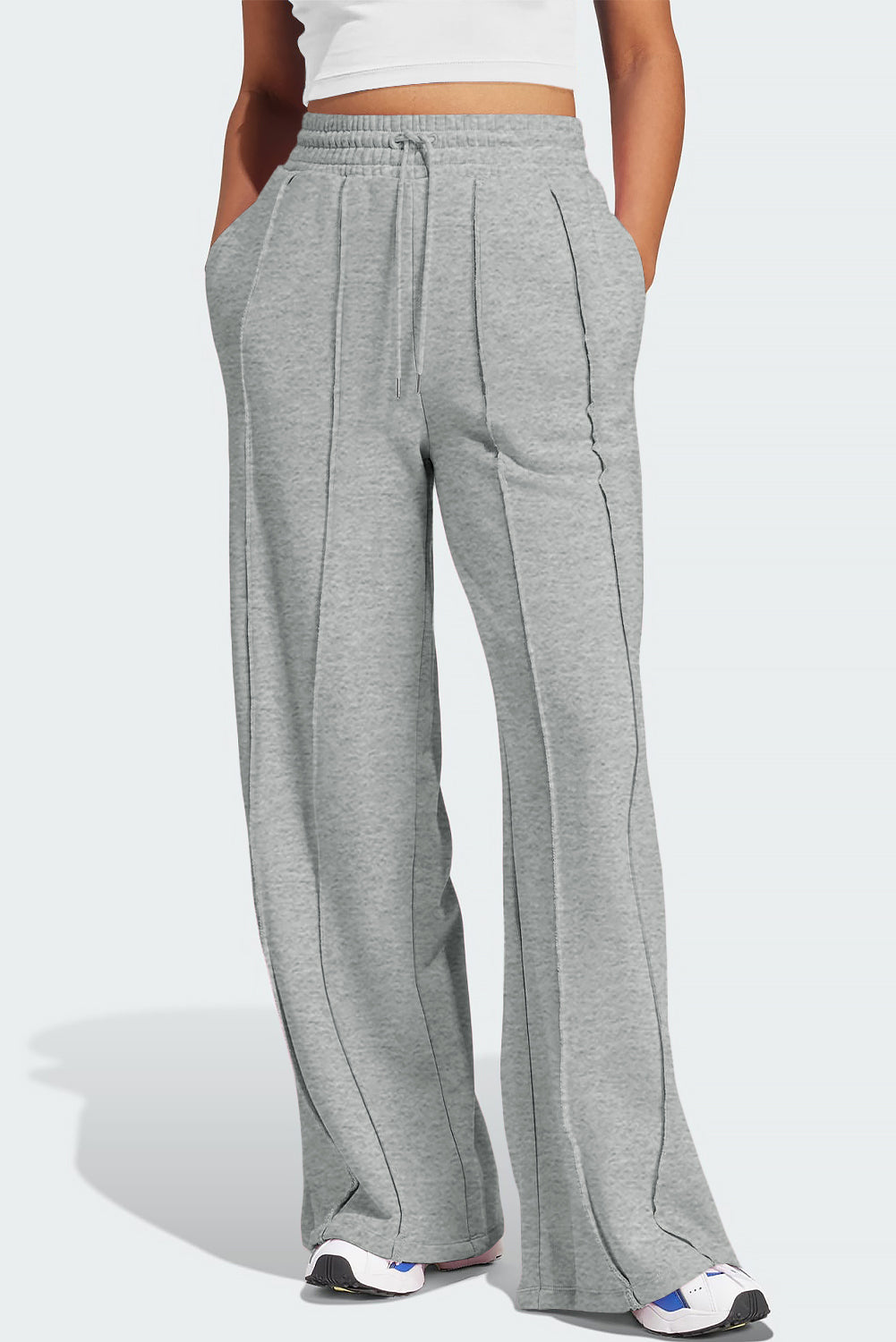 Grey Seamed Drawstring High Waist Wide Leg Sweatpants