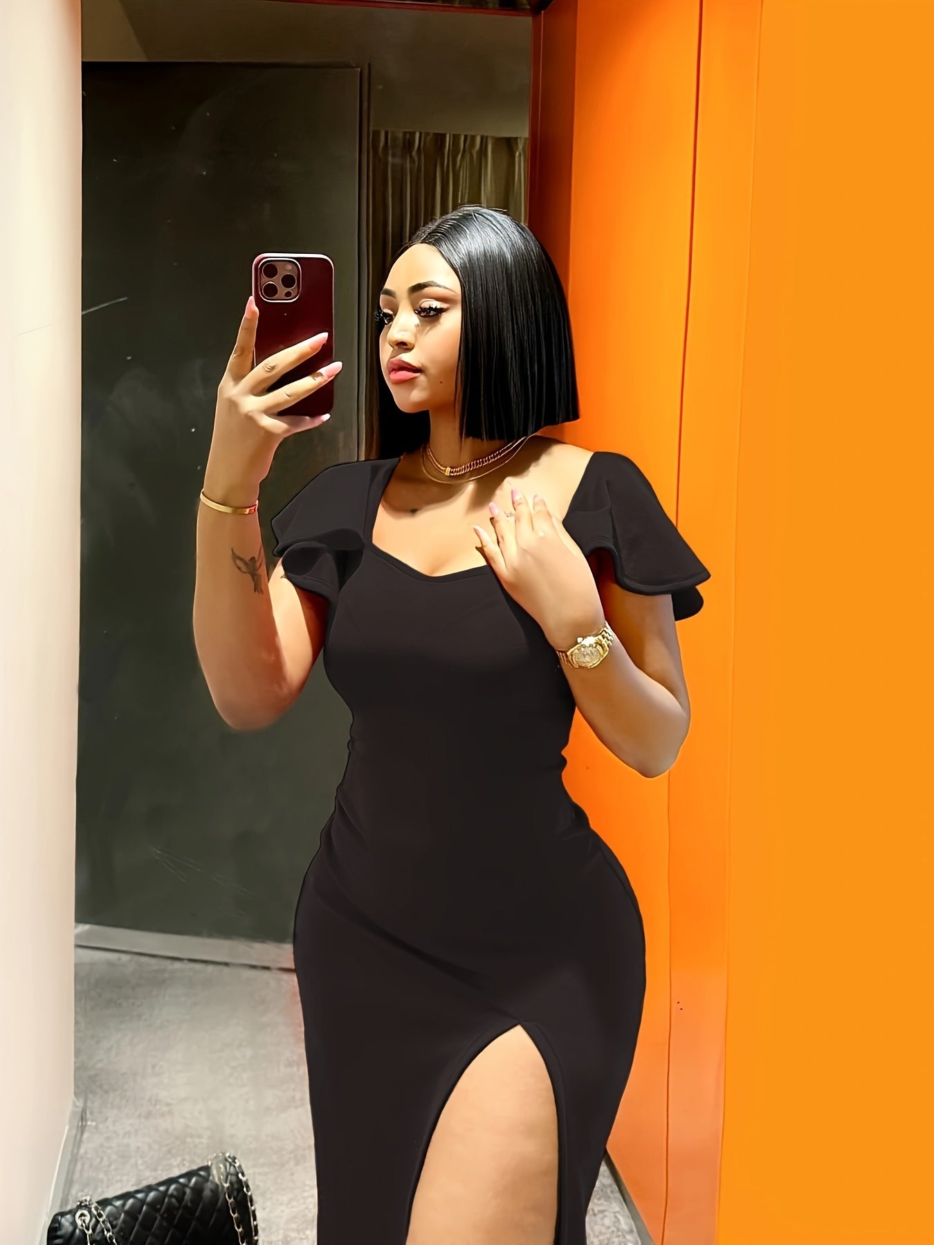 Women's Split Hem Bodycon Flutter Sleeve V Neck Slim Dress