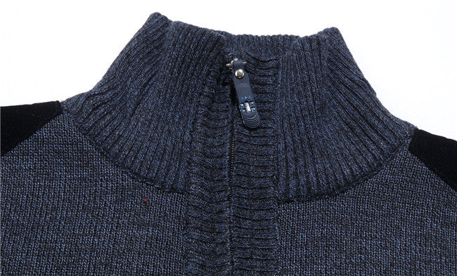 Men's Knitted Wool Fleece Thick Casual Pullover Patchwork Warm Pocket Standing Collar Sweater