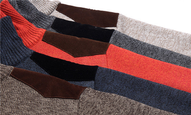 Men's Knitted Wool Fleece Thick Casual Pullover Patchwork Warm Pocket Standing Collar Sweater