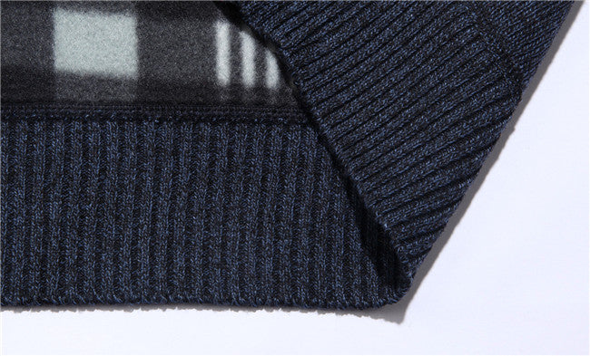 Men's Knitted Wool Fleece Thick Casual Pullover Patchwork Warm Pocket Standing Collar Sweater