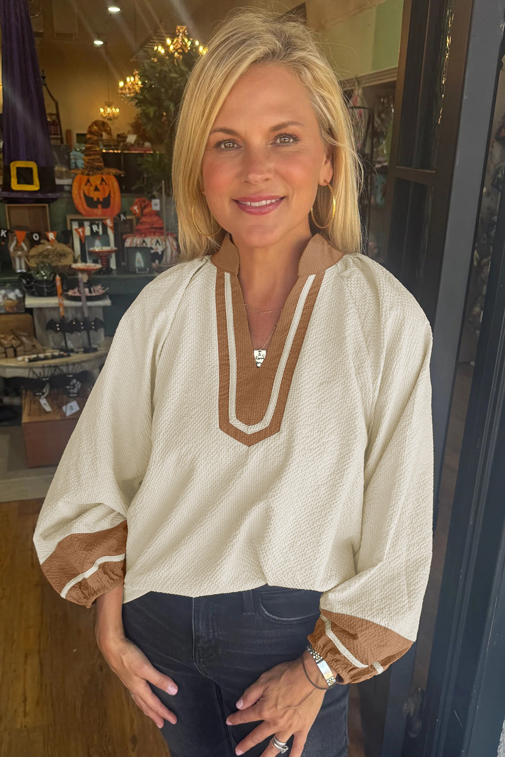 Jet Stream Colour Block Patchwork Detail V Neck Textured Long Sleeve Blouse