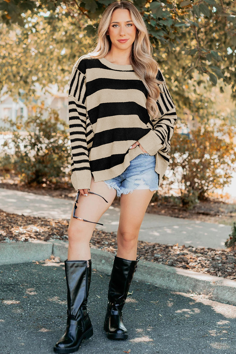 Brown Stripe Drop Shoulder Patchwork Baggy Sweater