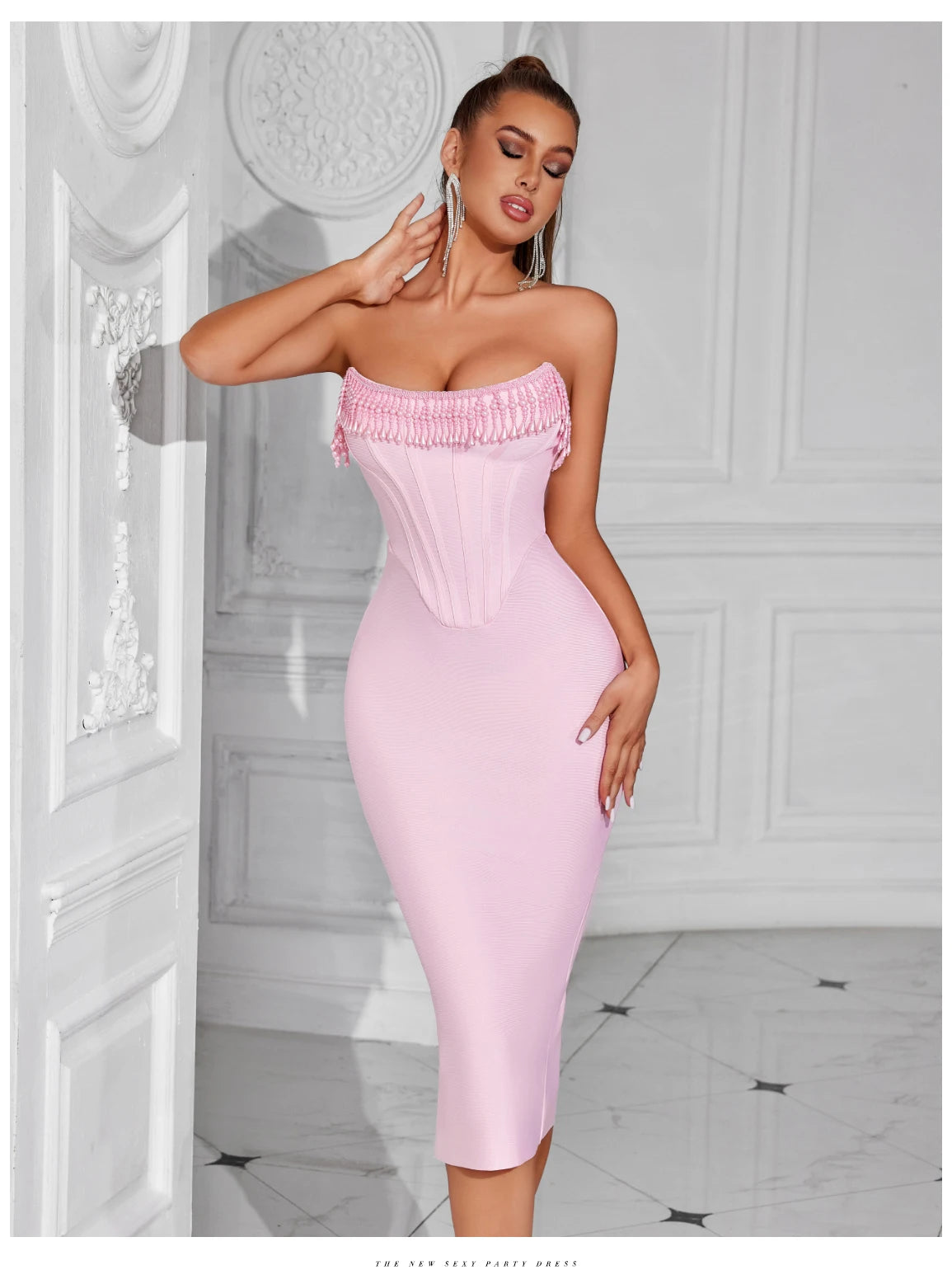 Women's Strapless Tassel Summer Sleeveless Elegant Club Evening Party Dress