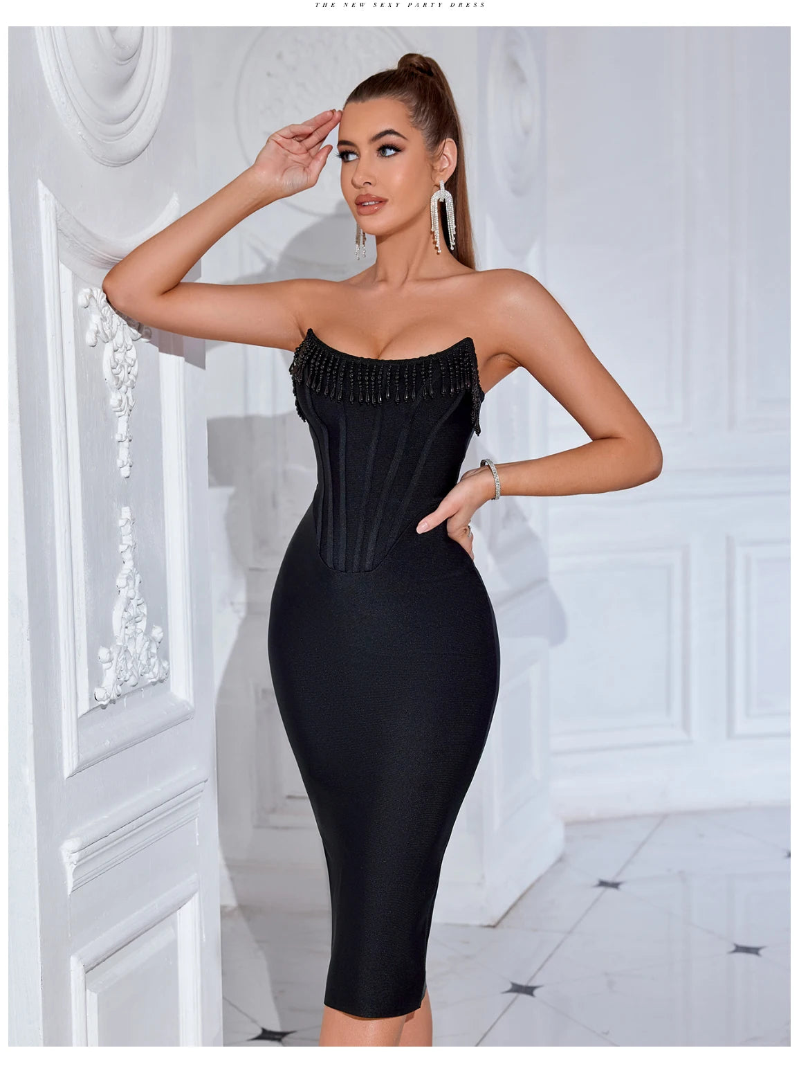 Women's Strapless Tassel Summer Sleeveless Elegant Club Evening Party Dress