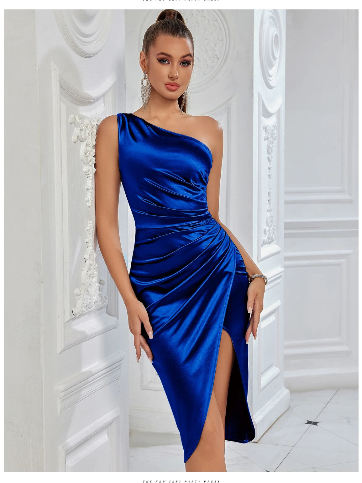 Women's Summer One Shoulder Drape Elegant High slit Bodycon Dress