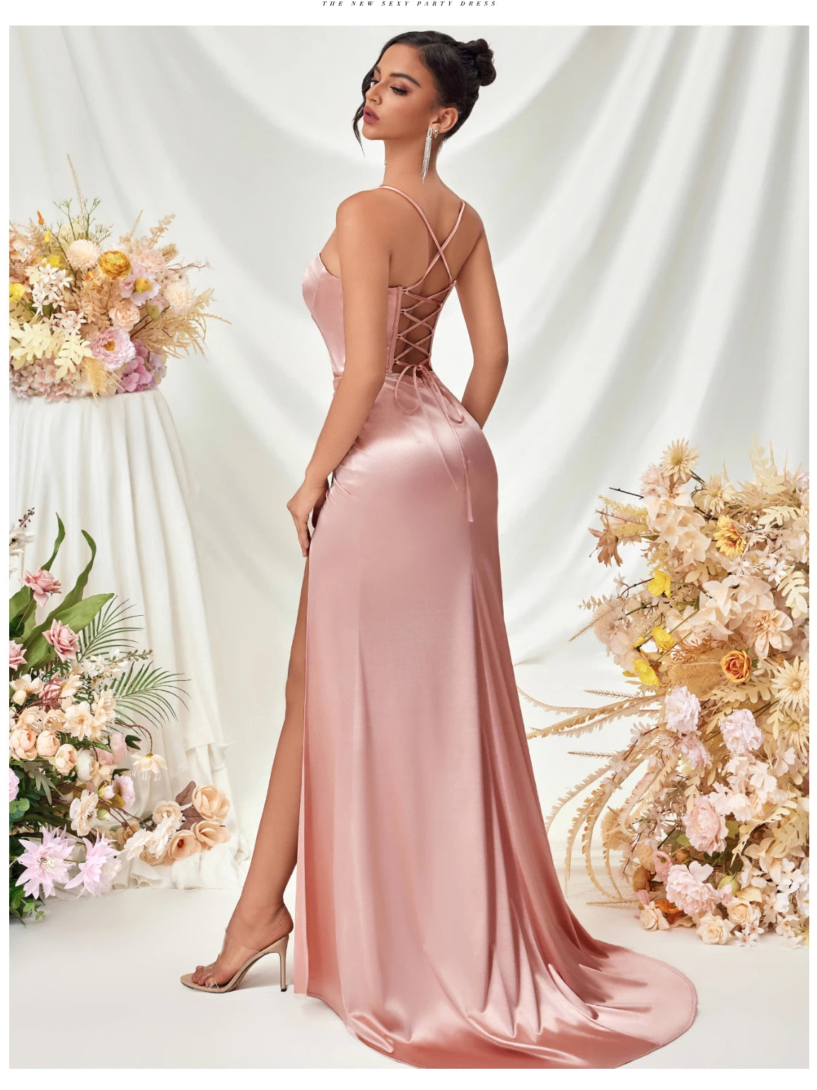 Women's Summer Fish Bone Trimmed Front Spaghetti Straps Evening Party Dress