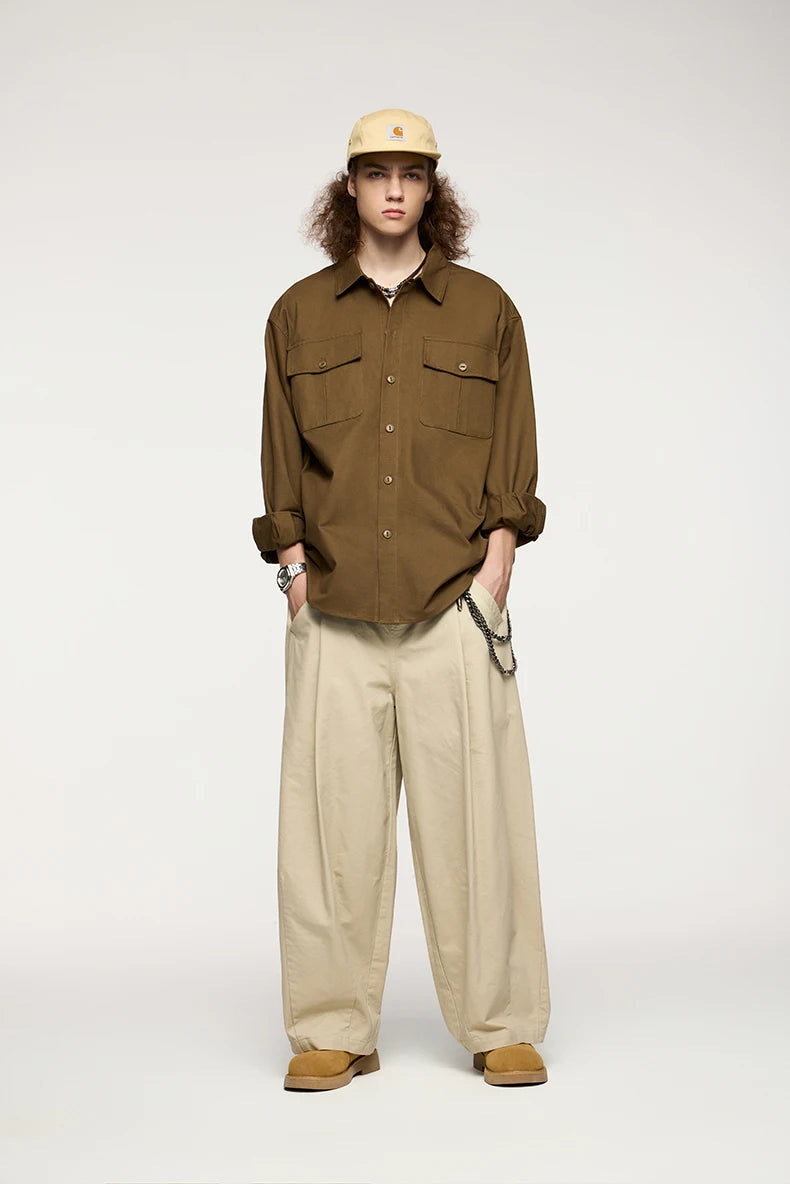 Men's Turn-Down Collar Long Sleeve Blouses Pockets Single-Breasted Vintage Cotton Casual Shirt