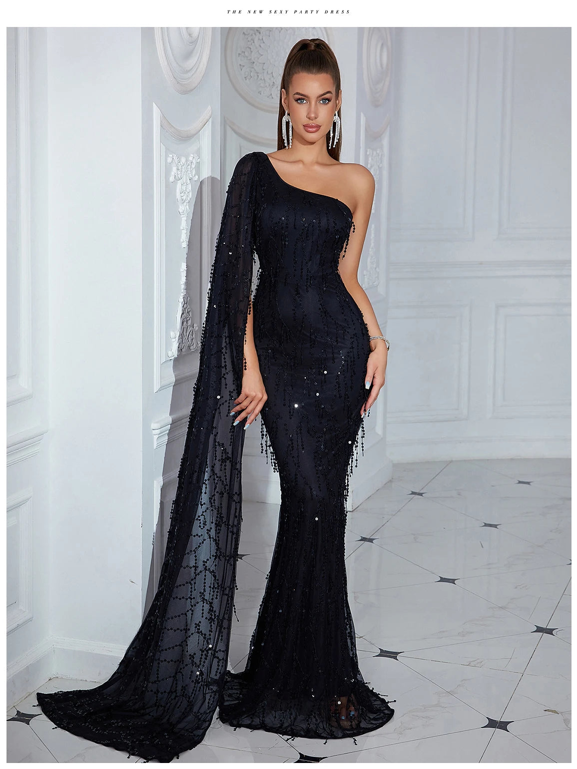 Women's Summer One Shoulder Elegant Strapless Maxi long Sleeve Evening Party Dress