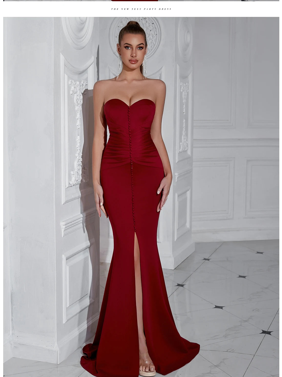 Elegant Button Detail Strapless Maxi Dress - Long Bodycon Evening Gown