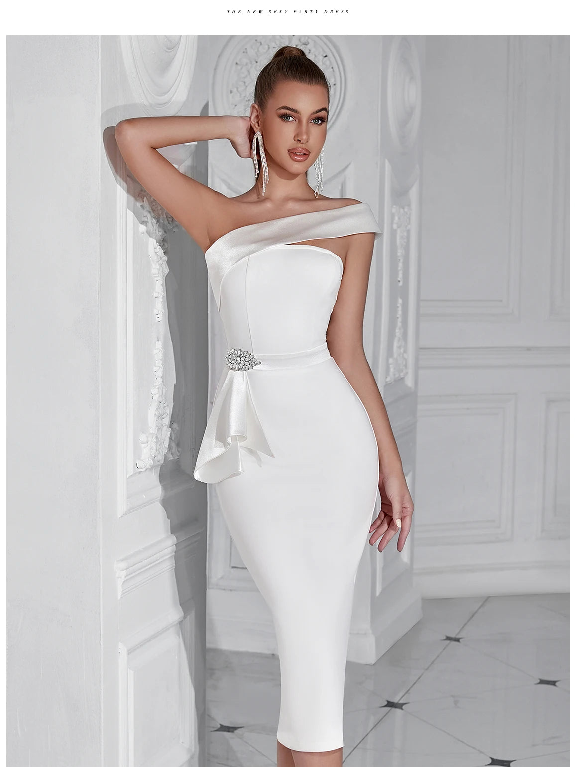 Women's Summer Elegant Outerwear One Shoulder Diamond Bodycon Evening Party Dress