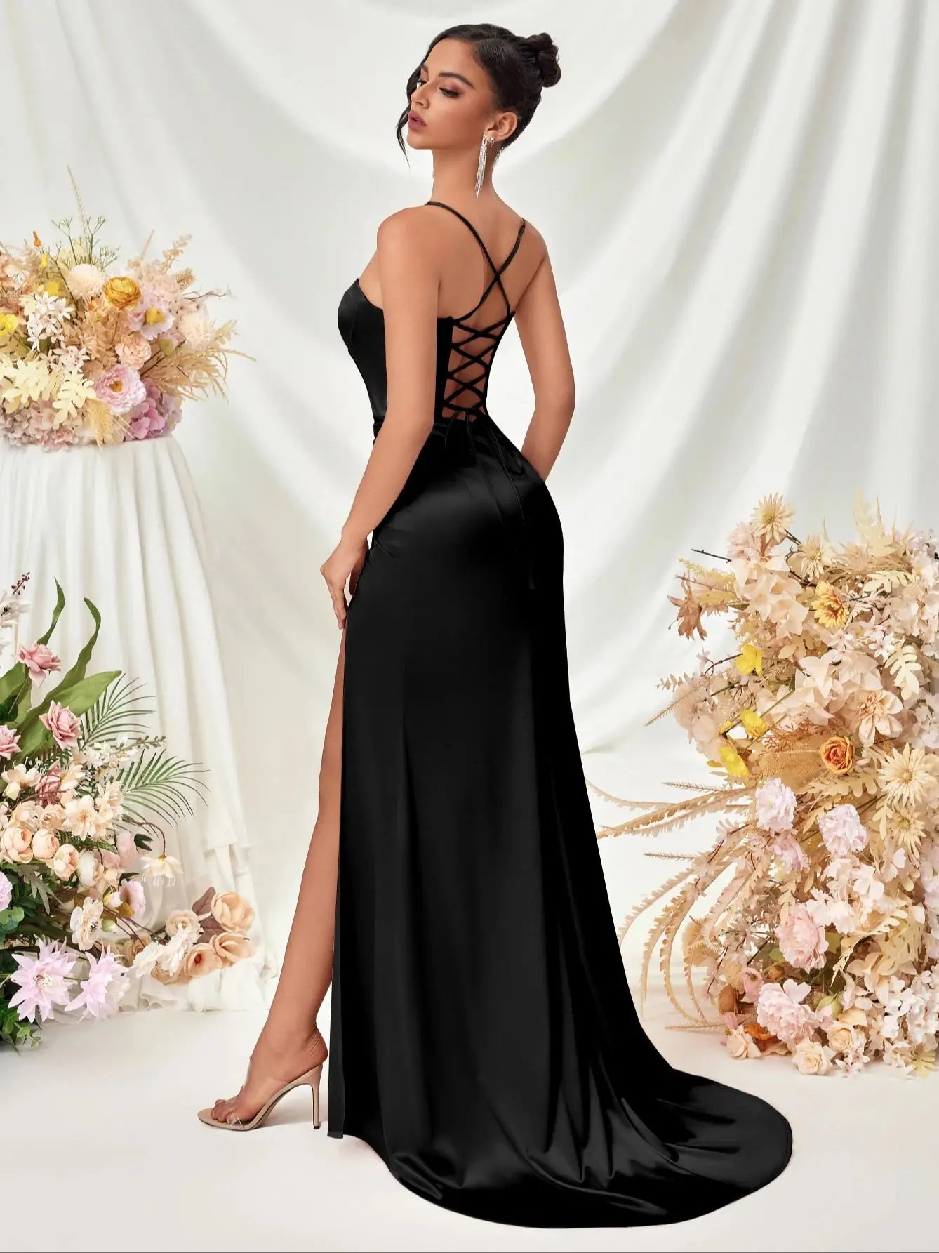 Women's Summer Fish Bone Trimmed Front Spaghetti Straps Evening Party Dress